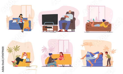 Set Of Male And Female Characters On Their Couches. People Resting at Home. Old Man Watching Tv, Mother Comforting Child