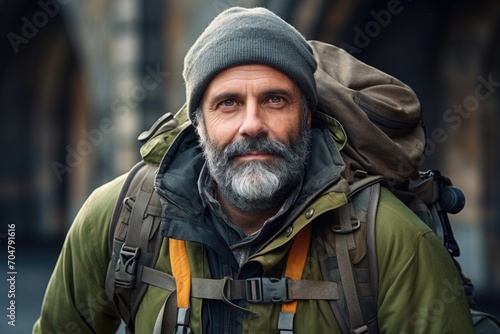 Mature bearded man with backpack and beanie in city. © AdriFerrer