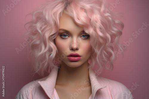 Woman with pink wavy hair and striking blue eyes on pink backdrop.