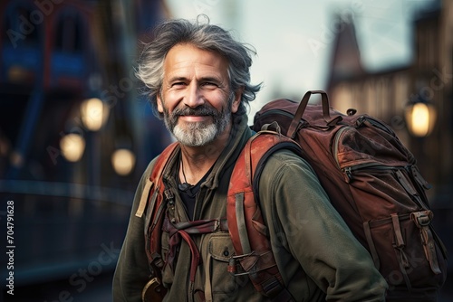 Smiling bearded man with backpack in urban setting.