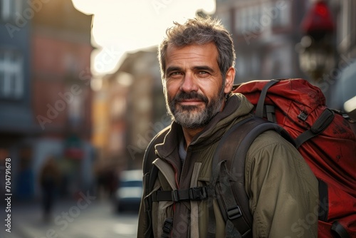 Content traveler with red backpack in the city at dusk.