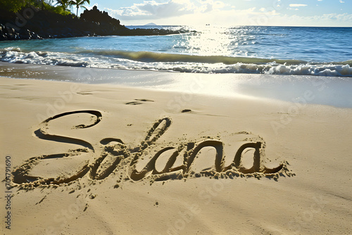 solana inscription on the beach sand photo