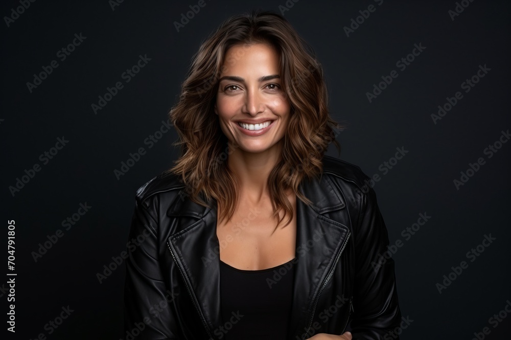Portrait of a beautiful young woman in leather jacket on black background