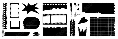 Set of grunge torn paper, film strip, jagged rectangle. Heart, star and crown shape. Punk elements for sticker, collage, banner. Vector illustration isolated on white background.
