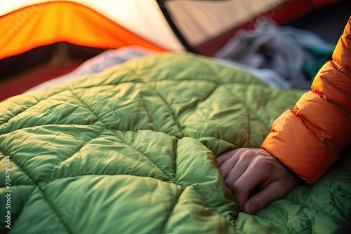 Adjusting a sleeping bag in a camping tent