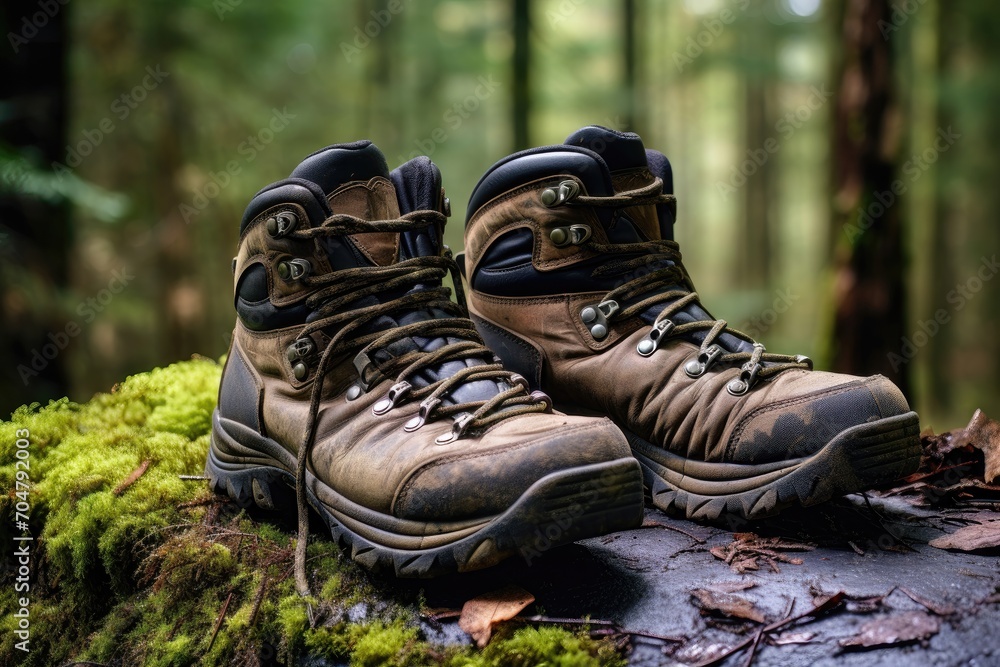 Well-worn hiking boots on a forest log surrounded by greenery Well-worn hiking boots on a forest log surrounded by greenery