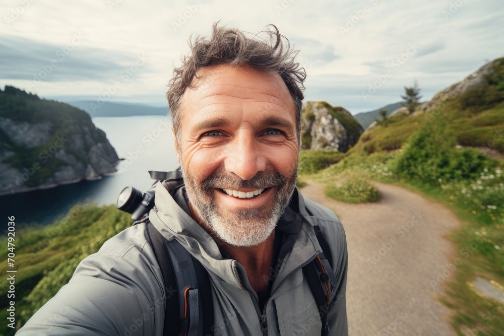 Cheerful traveler with a camera taking a selfie on a coastal trail.