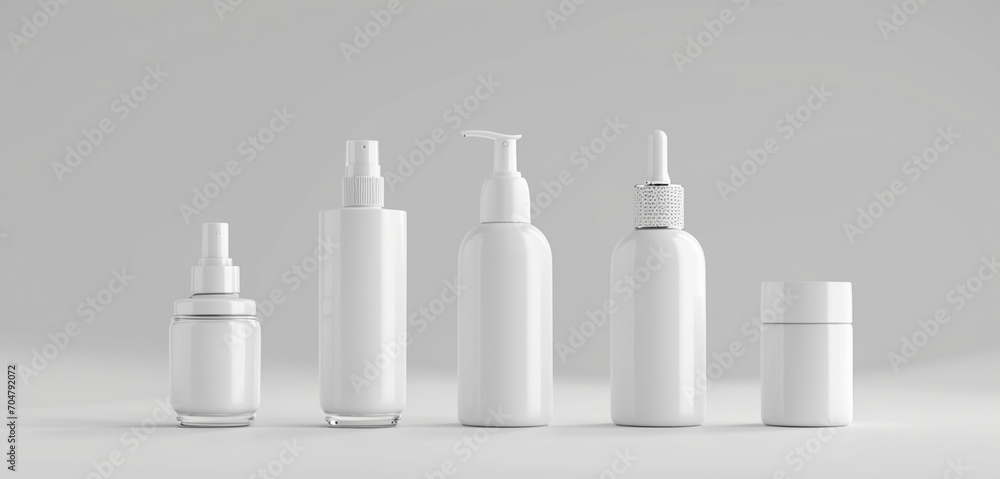 Five empty cosmetic bottles captured in HD, all exclusively in pure white, showcasing different shapes. Five empty cosmetic bottles captured in HD, all exclusively in pure white, showcasing different shapes.