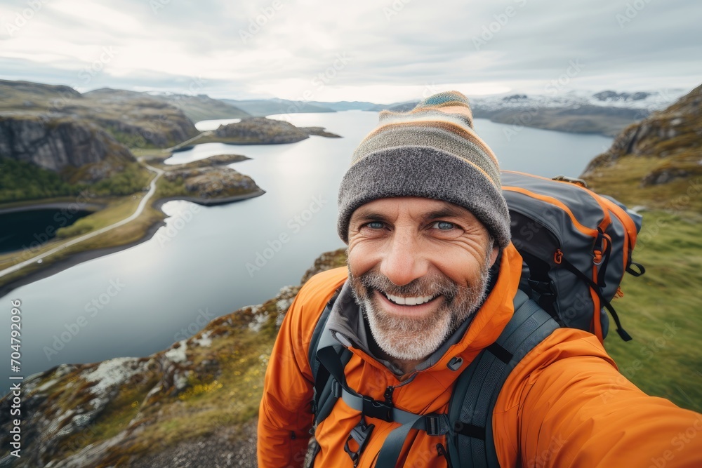 Smiling hiker in a beanie and orange jacket takes a selfie on a lakeside cliff. Smiling hiker in a beanie and orange jacket takes a selfie on a lakeside cliff.