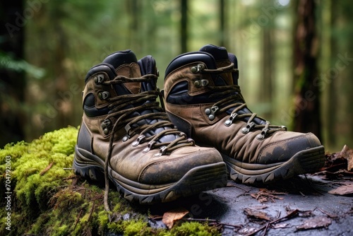 Well-worn hiking boots on a forest log surrounded by greenery