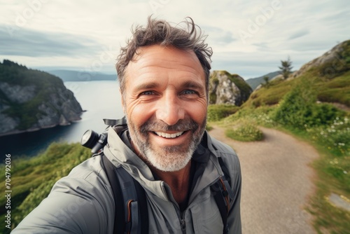 Cheerful traveler with a camera taking a selfie on a coastal trail.