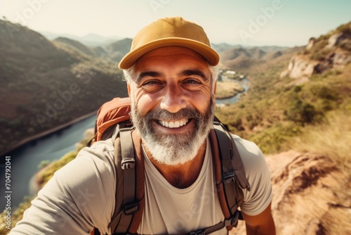 Happy male hiker with a beard and a yellow cap takes a selfie in rugged terrain.