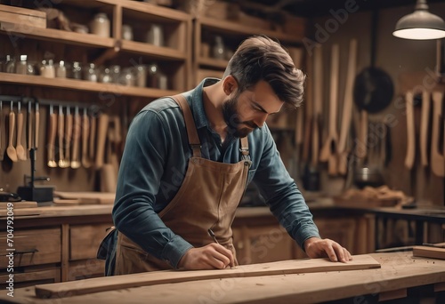 Happy Carpenter smiling to sketch design wooden furniture in wood workshop professional look high skill real authentic handcrafted working people.