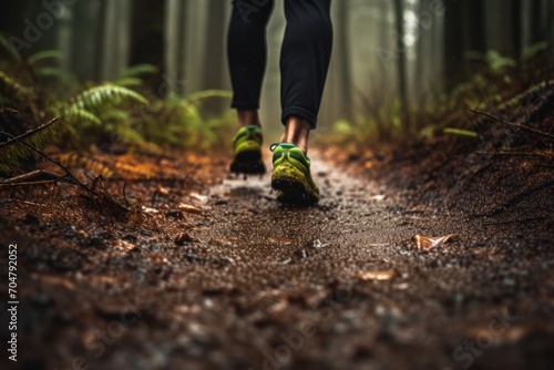 Photo of a runner's feet on a forest trail. Generative AI