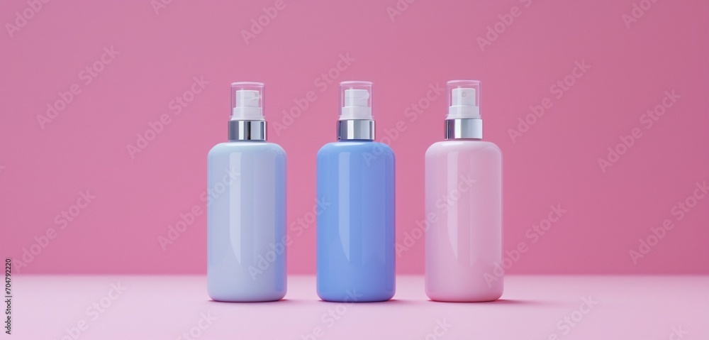 Trio of stylish empty skincare bottles, matching colors, captured in HD. Trio of stylish empty skincare bottles, matching colors, captured in HD.