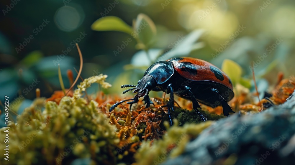 a close up of a red and black beetle on a mossy surface with leaves and plants in the background. a close up of a red and black beetle on a mossy surface with leaves and plants in the background.