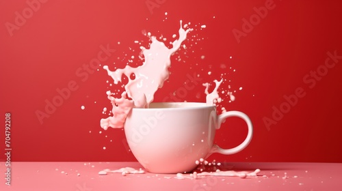  a cup of milk splashing out of it on a red background with a splash of milk coming out of it.
