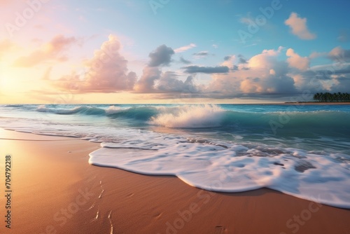 Photo of a serene beachfront scene with gentle waves. Generative AI