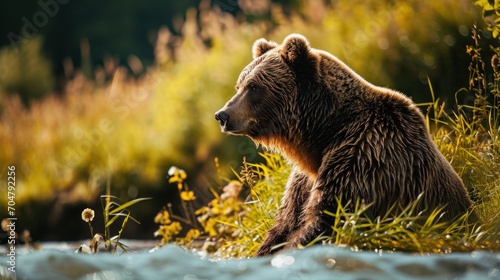  a large brown bear sitting on top of a lush green field next to a river filled with lots of water.