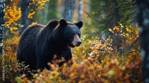  a brown bear walking through a forest filled with lots of trees and yellow and orange leaves on a sunny day.