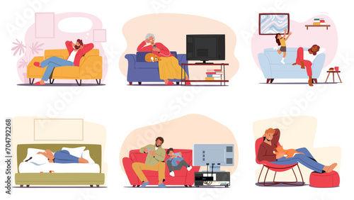Set Of Male And Female Characters On Their Couches. People Dreaming, Watching Tv, Playing Video Games, Relaxing