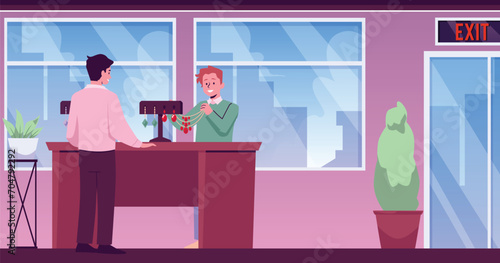 Pawnshop expert appraiser looking at golden necklace with red gemstones, vector evaluating and exchange business service