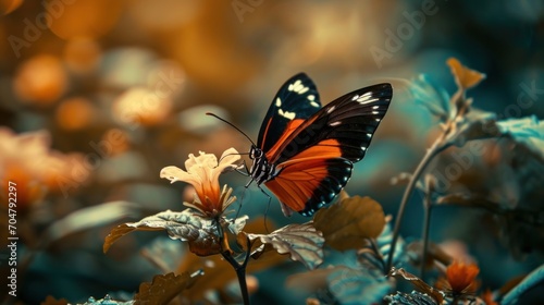  a red and black butterfly sitting on top of a flower next to a green and yellow plant with lots of leaves.