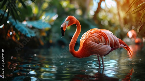  a close up of a flamingo standing in a body of water with trees and plants in the back ground.