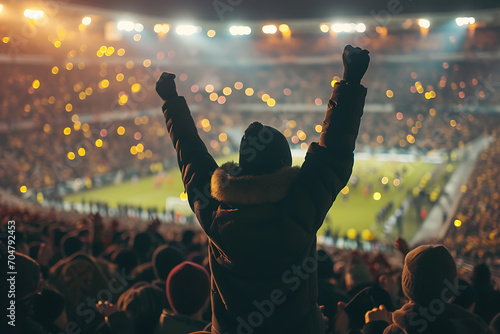 Back view of football, soccer fans cheering their team at crowded stadium at night time. Football fans celebrating a victory in stadium. Concept of sport © Ainur