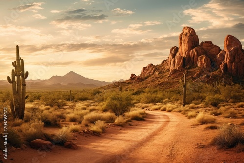 Photo of a serene desert landscape with cacti. Generative AI photo