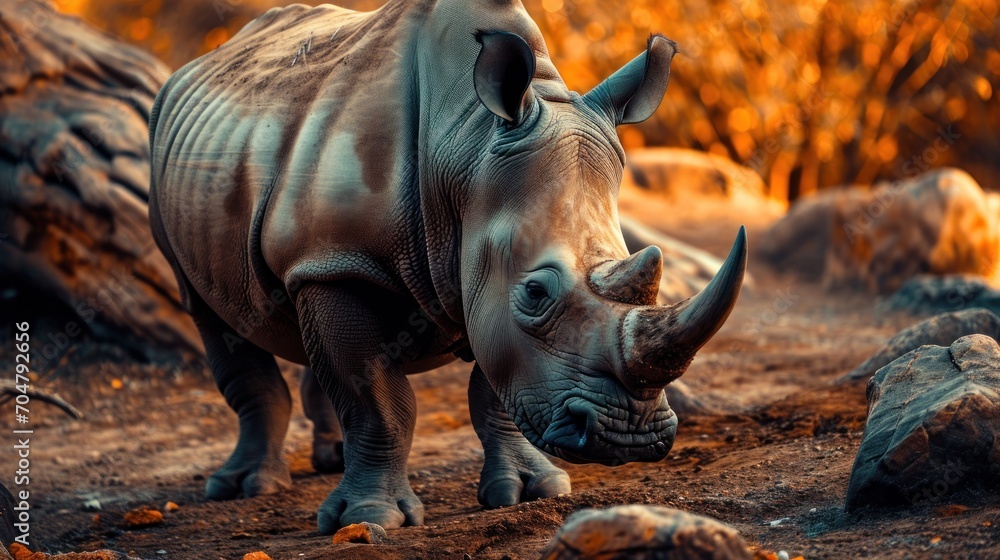 Fototapeta premium a rhino standing on top of a dirt field next to a pile of rocks and a fallen down tree trunk.