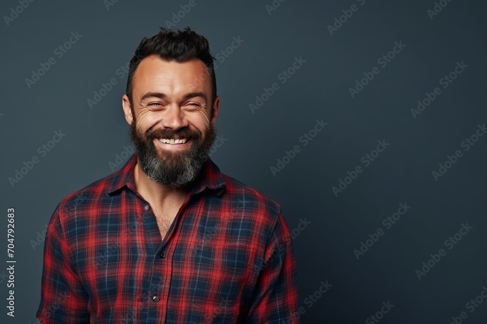 Portrait of a handsome man in checkered shirt over grey background. Portrait of a handsome man in checkered shirt over grey background.