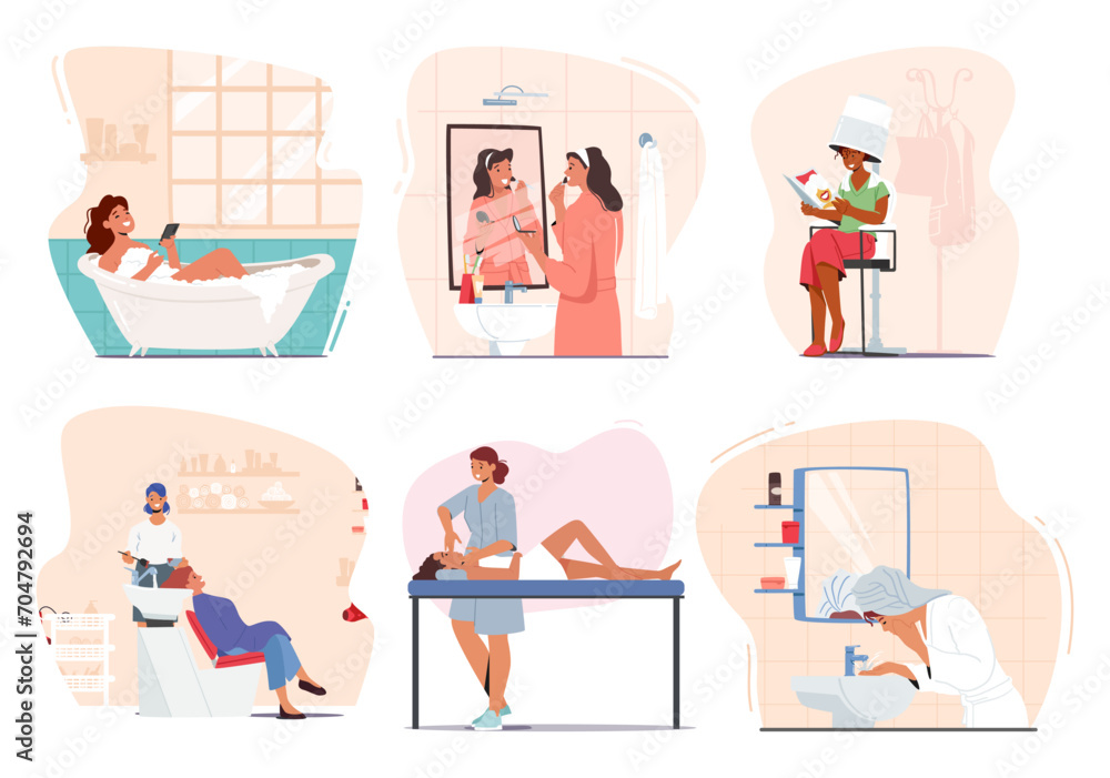 Female Character Beauty Routine Procedures. Woman Applying Makeup, Cleansing, Taking Bath, Making Hairstyle, Wash Face Female Character Beauty Routine Procedures. Woman Applying Makeup, Cleansing, Taking Bath, Making Hairstyle, Wash Face