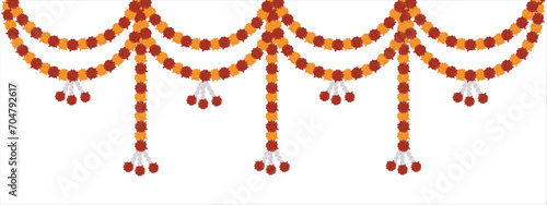 Traditional indian marigold toran floral garland vector,wedding and festival decoration,border flower decoration isolated on white background