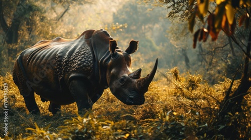  a rhinoceros standing in a grassy area with trees in the background and a bird perched on the back of the rhino's head.