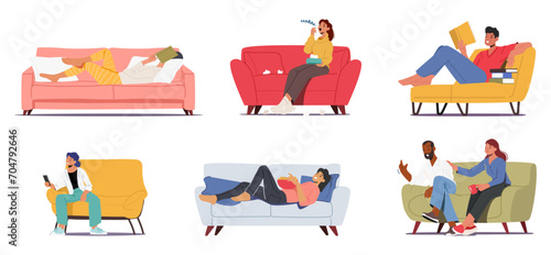 Set Of Male And Female Characters On Their Couches. People Reading And Sleeping With Books, Woman Sneezing