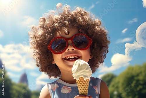 Smiling child with curly hair wearing sunglasses, enjoying an ice cream outdoors.