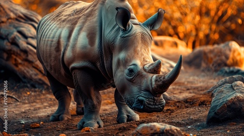  a rhino standing on top of a dirt field next to a pile of rocks and a fallen down tree trunk.