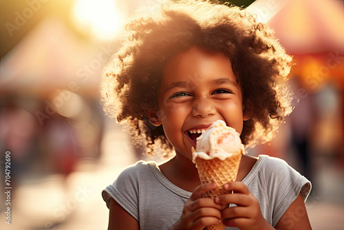 Joyful child with curly hair eating ice cream cone in sunlight.