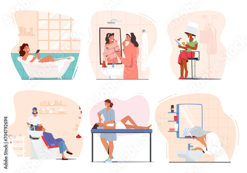 Female Character Beauty Routine Procedures. Woman Applying Makeup, Cleansing, Taking Bath, Making Hairstyle, Wash Face