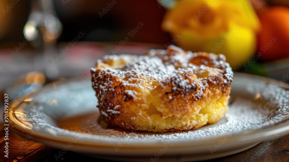 a powdered sugar donut on a plate with a glass of wine and a vase of flowers in the background. a powdered sugar donut on a plate with a glass of wine and a vase of flowers in the background.