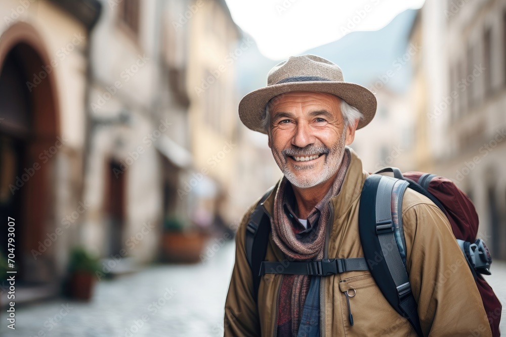 Joyful senior man with hat and backpack in an old town. Joyful senior man with hat and backpack in an old town.