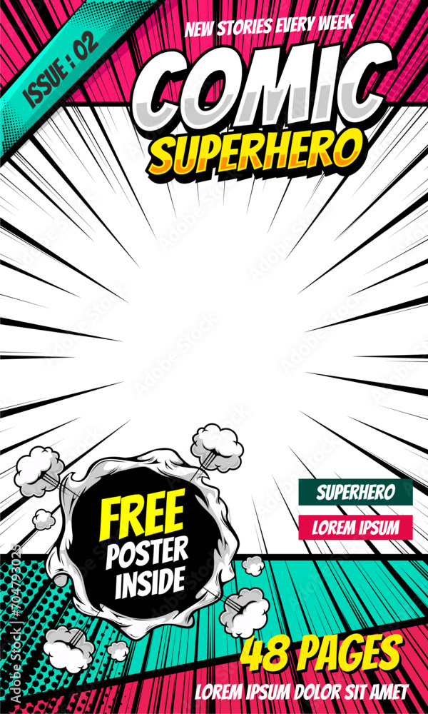 Naklejka premium Comic book cover. Vector illustration style cartoon.