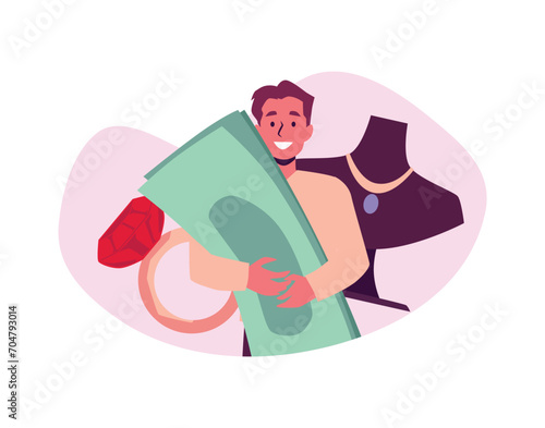 Pawnshop client with money and jewelry, cartoon vector illustration of Pawnshop business service concept