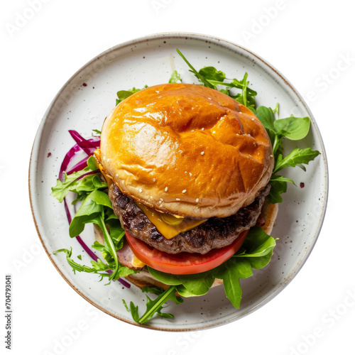 Burger on plate on white transparent background 