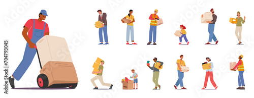 Set Of Male And Female Characters With Different Boxes. Loader With Manual Trolley Loading Cargo, Fired Employee