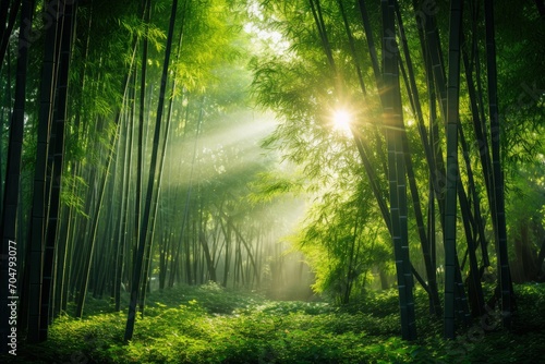 Photo of a tranquil bamboo forest with soft sunlight. Generative AI