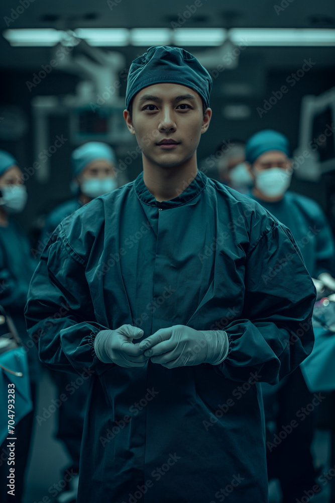 Asian medical surgeon with colleagues, high-pressure surgical environment, healthcare teamwork. Asian medical surgeon with colleagues, high-pressure surgical environment, healthcare teamwork.