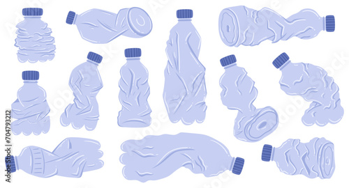 Crumpled Plastic Bottles, Conveying Environmental Impact. Isolated Icon Depicts A Discarded Flasks In Various States