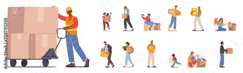 Various Characters, Including A Cargo Loader With A Manual Trolley, A Dismissed Employee With Personal Belongings